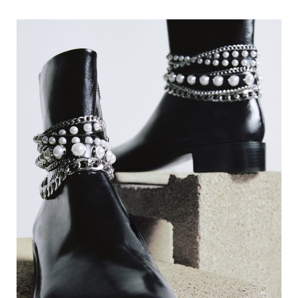 Zara Shoes - Zara- Low Heeled Pearl Chain Ankle Boots